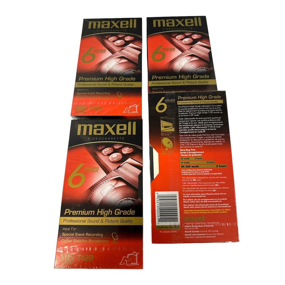Lot of 4 Maxell‎ High Grade VHS T-120 6 Hour Video Cassette Tapes Sealed Blank